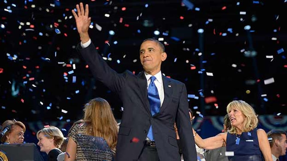 Wiedergewählt: Präsident Obama feiert seinen Wahlsieg in Chicago.