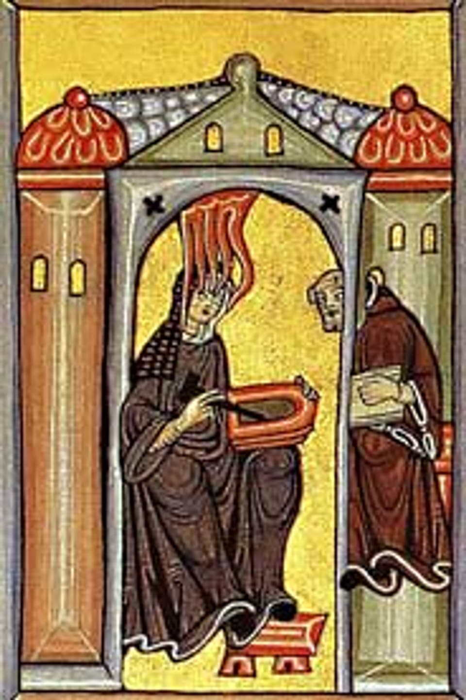 Hildegard von Bingen empfängt eine göttliche Inspiration. Miniatur aus dem Rupertsberger Codex des Liber Scivias, ca.1175.
