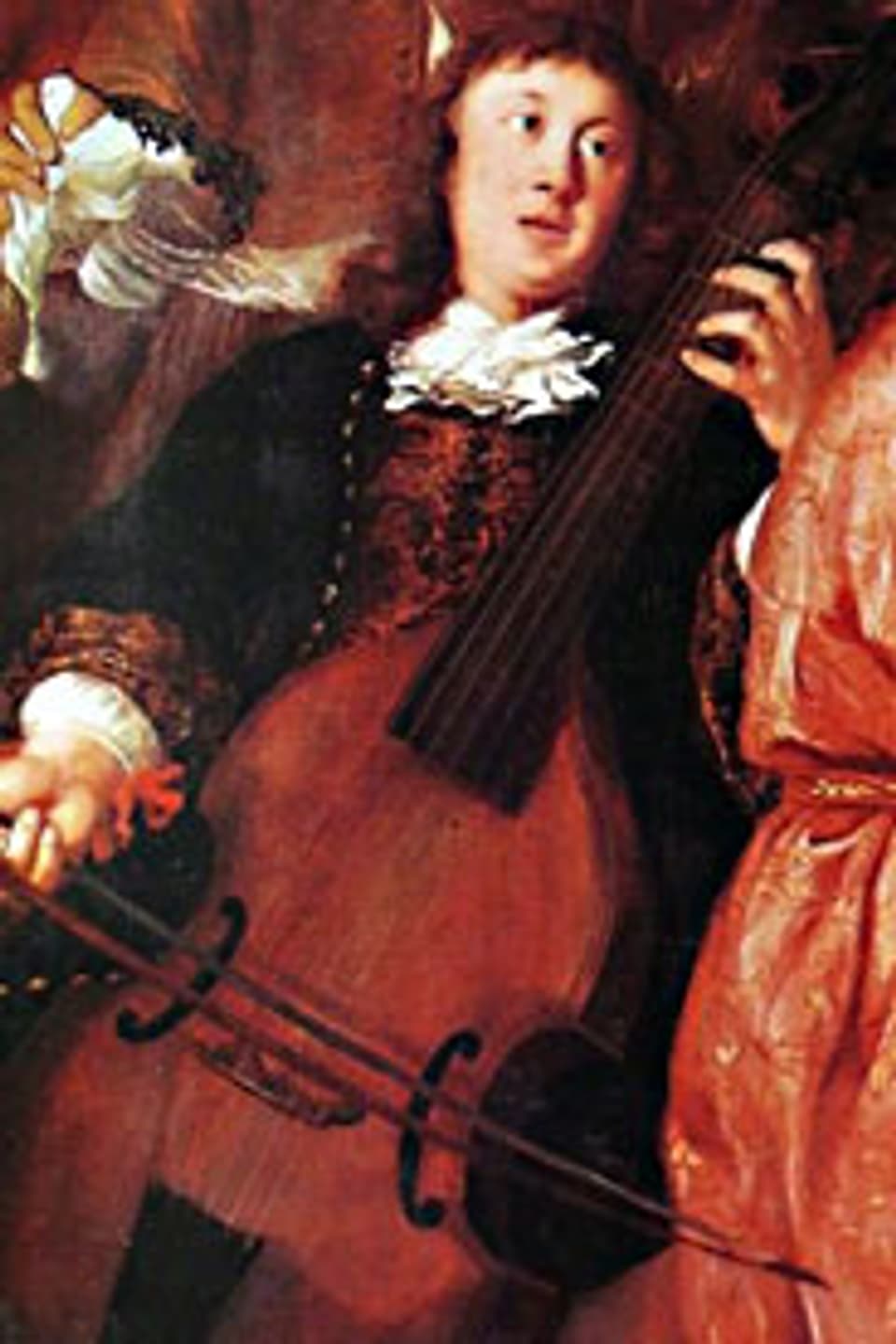 Dietrich Buxtehude als Gambenspieler, seine Initialen D und B greifend. Ausschnitt aus einem Gemälde von Johannes (Jan) Voorhout (1647-1723).