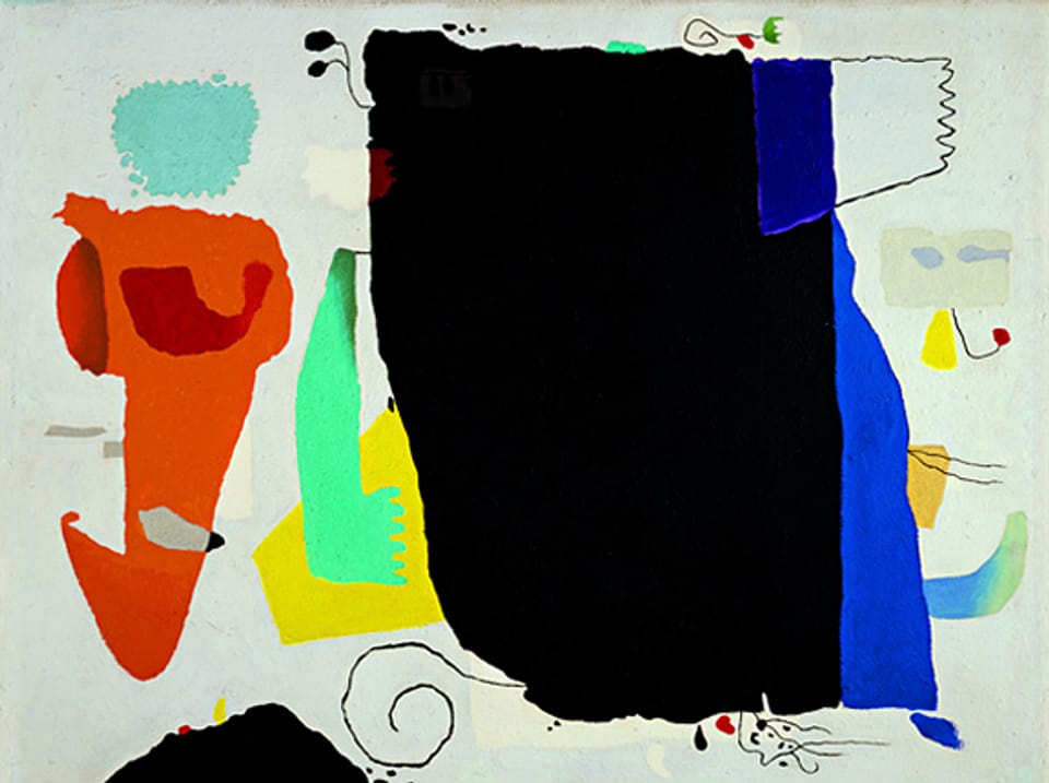 Willi Baumeister: Phantom mit roter Figur, 1953, Ölfarben mit Kunstharz auf Hartfaserplatte.