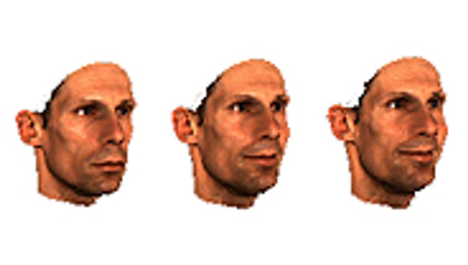 Projekt von Thomas Vetter: Gesichtssynthese mit dem Computer. Links das Original, in der Mitte «+1 smile», rechts «+1.4 smile».
