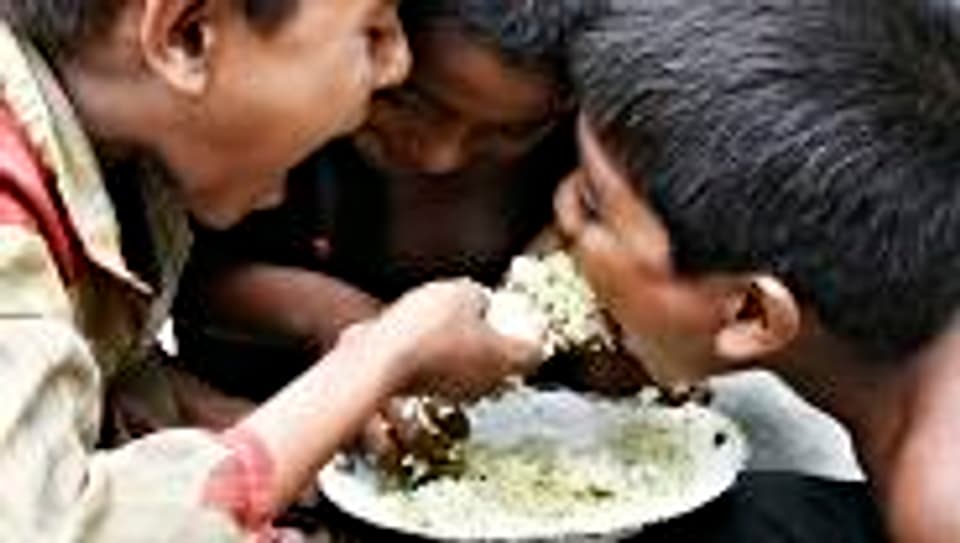 Drei Kinder teilen sich einen Teller Reis.