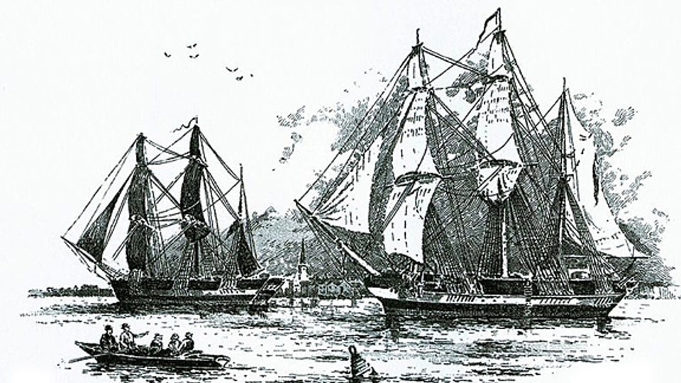 Die John Franklin-Expedition Mitte des 19. Jahrhunderts auf der Suche nach der Nordwestpassage (Illustration, ca. 1845).