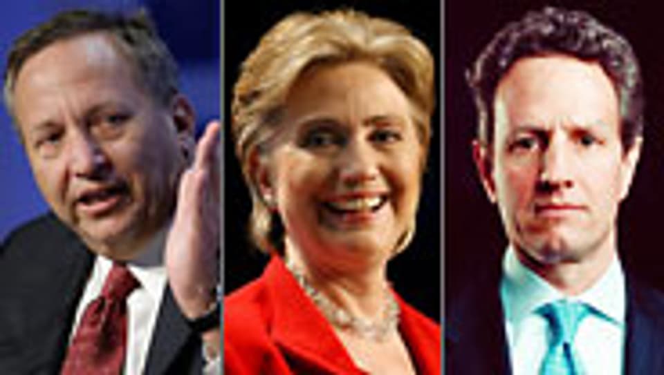Lawrence Summers, Hillary Clinton und Timothy Geithner, v.l.n.r.
