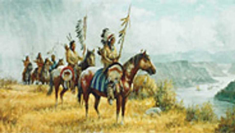 Historische Darstellung von Blackfeet-Indianern.