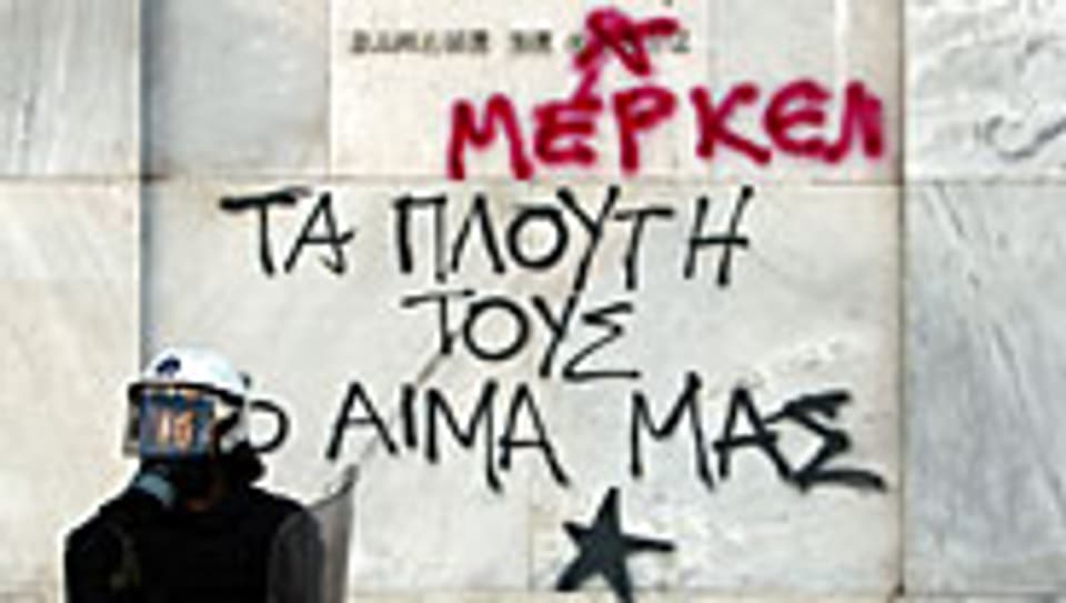 Athen am 26. September. Das Graffiti: «Banque de Merkel: ihre Reichen - unser Blut»