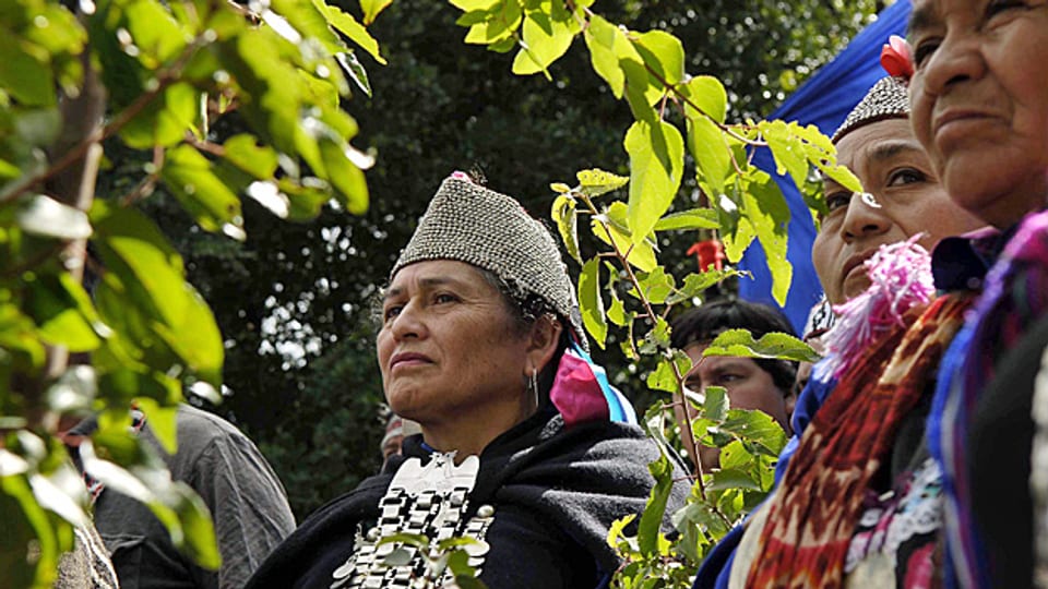 Mapuche-Indianer an einer Zusammenkunft am 16. Januar; sie fordern, dass die chilenische Regierung sich entschuldigt.