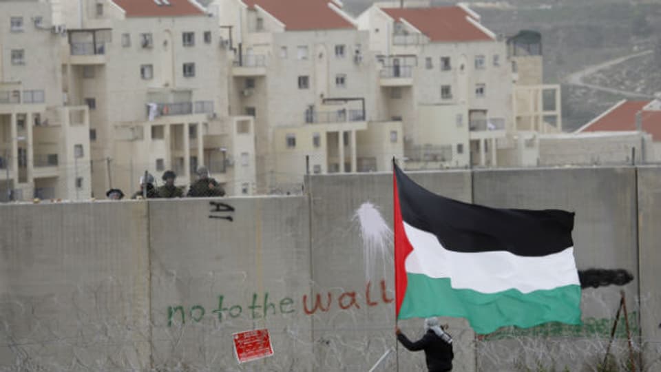 Palästinensischer Demonstrant vor jüdischen Siedlungen im Westjordanland.