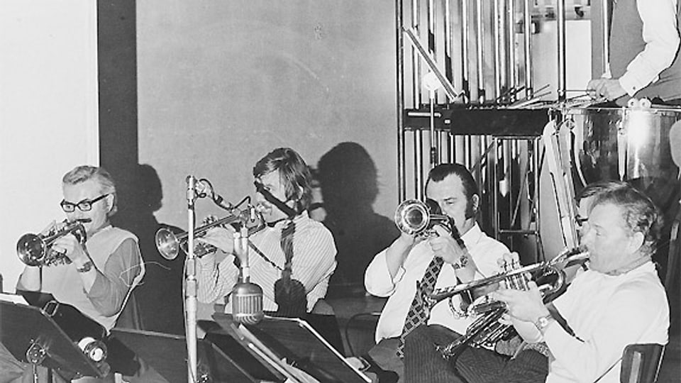 Die Bläsersektion vom Unterhaltungsorchester Beromünster 1970: Fritz Pavlicek, Gerdt Richter, Horst Fischer, Antonio Conde und Gustave Dupuis (v.l.n.r.).