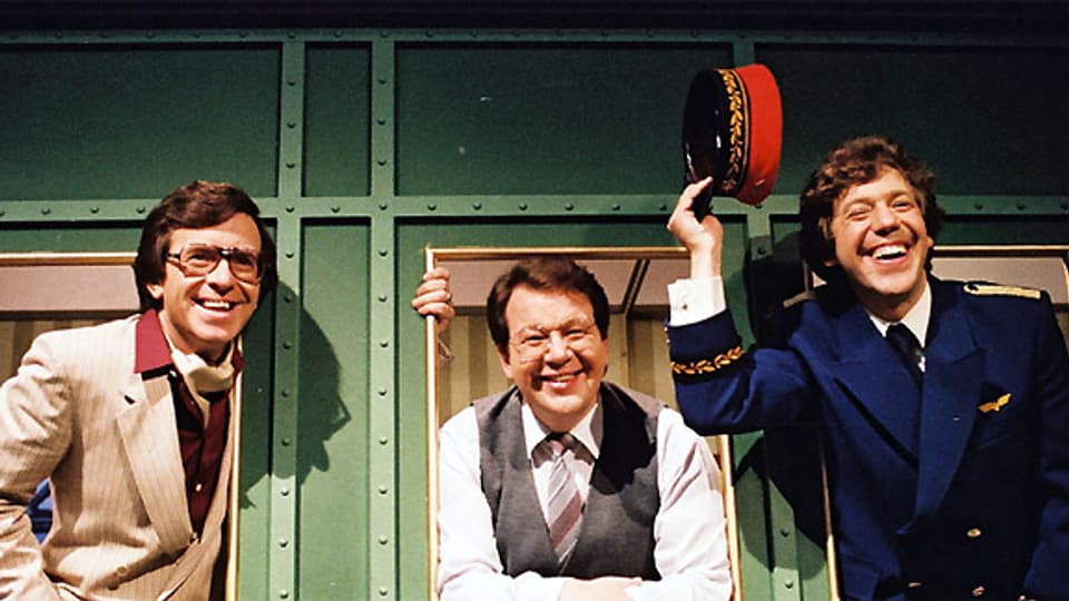 Das Trio Eugster 1982 als Moderatoren der Sendung «Iischtige bitte» am Schweizer Fernsehen. Vic, Guido und Alex Eugster (v.l.n.r.).