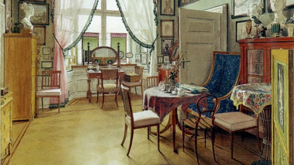 «Zimmerbild», Darstellung biedermeierlichen Interieurs in einer bürgerlichen Wohnung, 1848.
