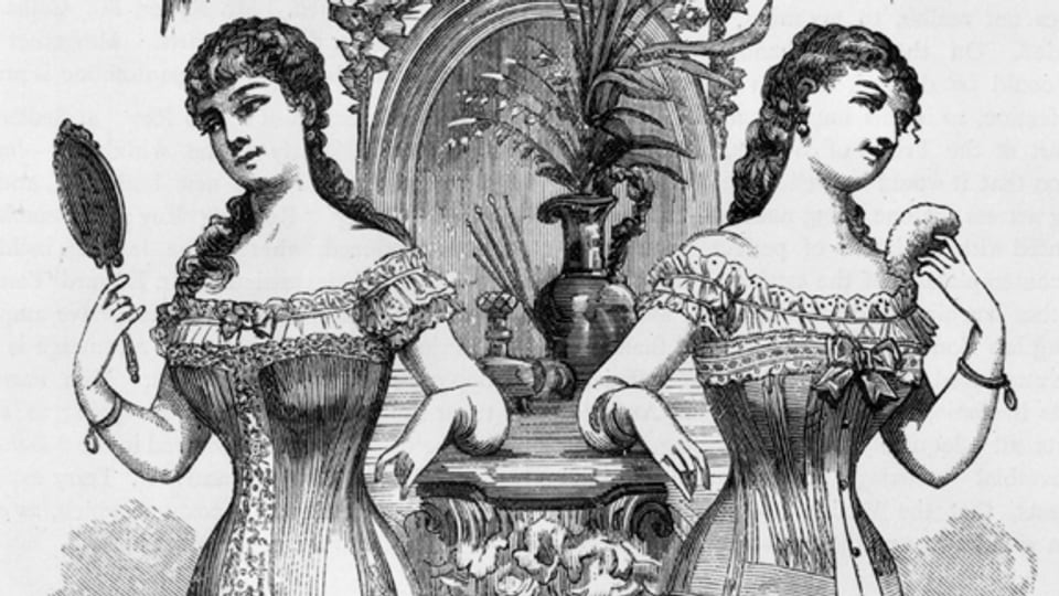 Formgebend für die Mode des 19. Jahrhunderts: das Korsett. Aussschnitt aus Werbung für Korsetts aus Walbein, ca. 1870.