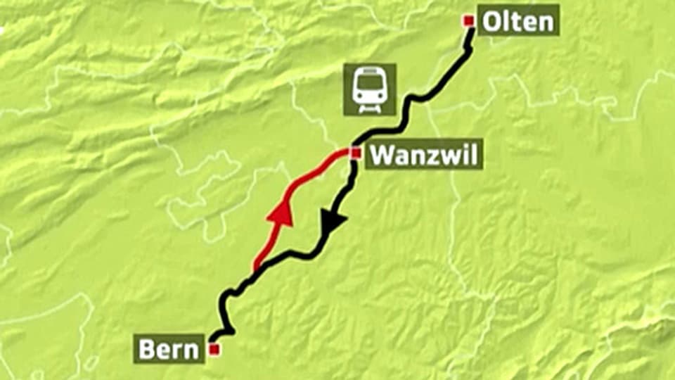 Auf der rot-markierten Neubaustrecke zwischen Olten und Bern wurde eine Weiche beschädigt.