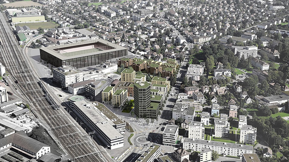 Eine Visualisierung des neuen Quartiers Torfeld Süd entlang der SBB-Geleise in Aarau. Hier soll auch das Stadion stehen.