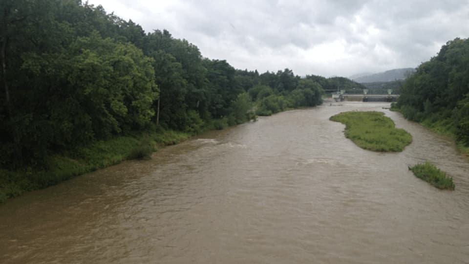  Weil es seit Montagabend stark geregnet hat, führen auch Flüsse wie die Aare bei Rupperswil mehr Wasser als sonst.
