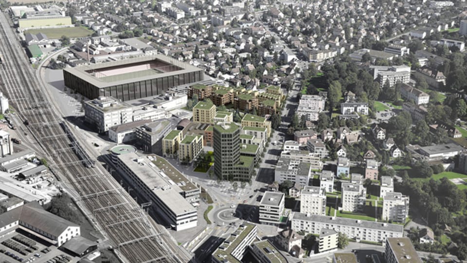 Das Quartier und das geplante Stadion (links, mitte) im Torfeld Süd Aarau. Hier entstehen auch neue Wohnungen. (Visualisierung)