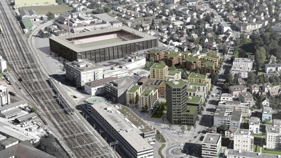 Zusammen mit dem neuen Fussballstadion soll im Gebiet Torfeld Süd - in einem ehemaligen Industriegebiet östlich des Bahnhofs Aarau - für 170 Millionen Franken ein völlig neuer Stadtteil entstehen.