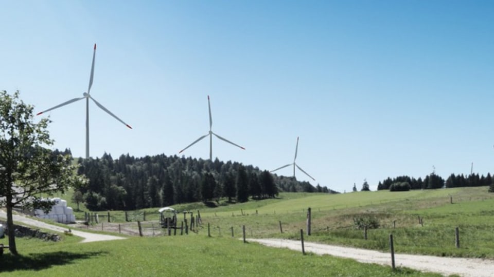 Visualisierung der geplanten Windturbinen auf dem Grenchenberg.