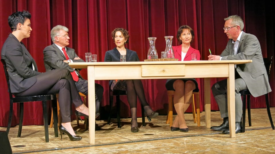 Nadine Borter, Peter Hasler, Michèle Etienne, Suzanne Thoma und Gesprächsleiter Peter Brandenberger (v.l.).