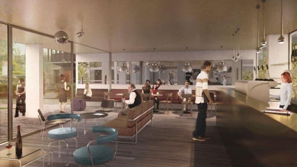 So wird es aussehen, wenn die Renovation beendet ist: Blick in den Bar- und Loungebereich der neuen Jugendherberge in Bern.