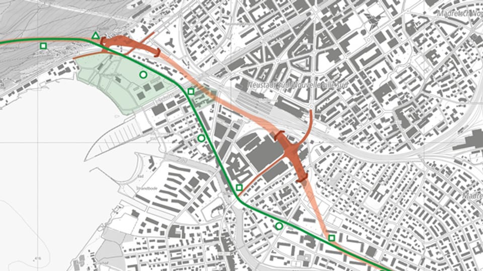 A5-Westast Biel: Rot ist offizielles Projekt, grün die Alternative.