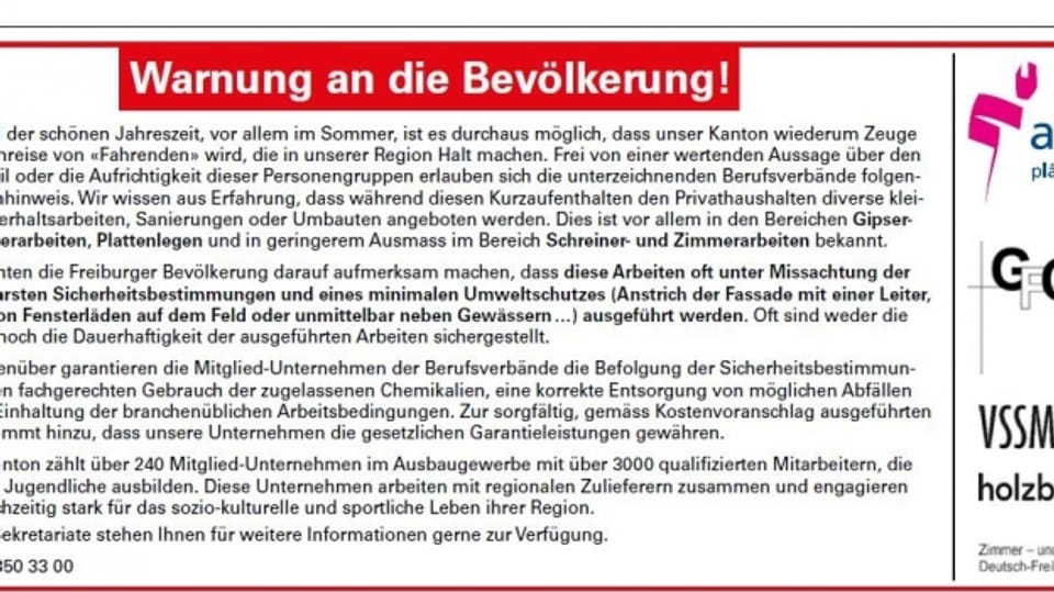 Die «Warnung an die Bevölkerung» erschien Mitte Juni 2017 in den Tageszeitungen «Freiburger Nachrichten» und «La Liberté».