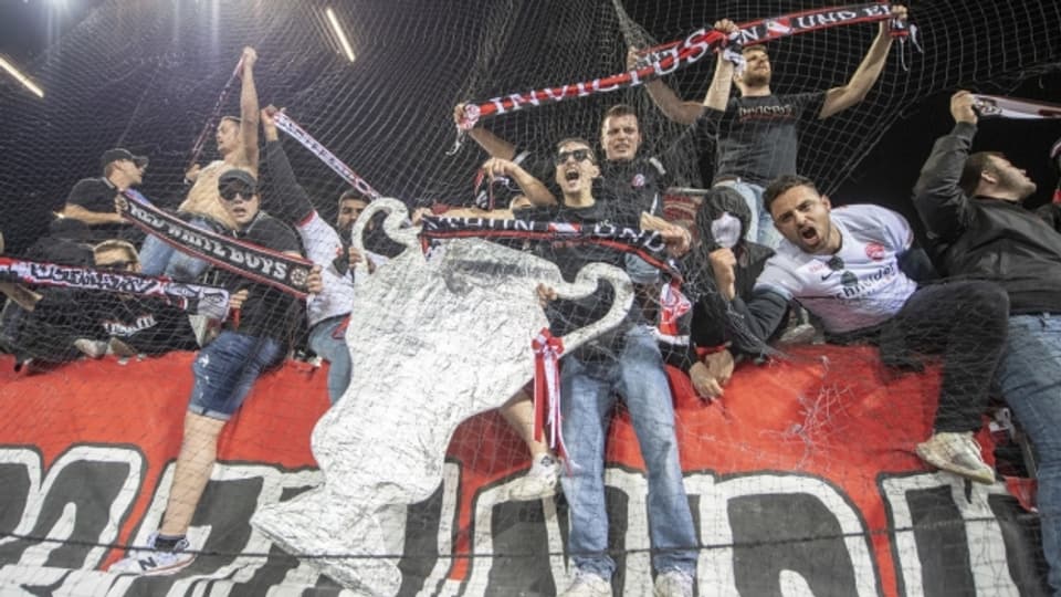 Die Thuner Fans feiern den Sieg in Luzern.