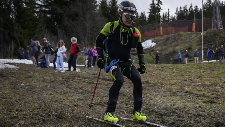 Dieser Teilnehmer verzichtet darauf, die Skier auszuziehen und zu tragen - und fährt über das Gras