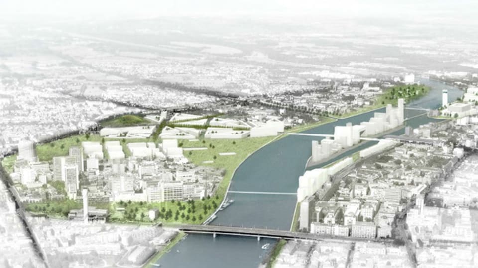 So könnte das Gebiet oberhalb der Dreirosenbrücke künftig aussehen. Auf der Westquaiinsel ist ein neuer Stadtteil geplant.