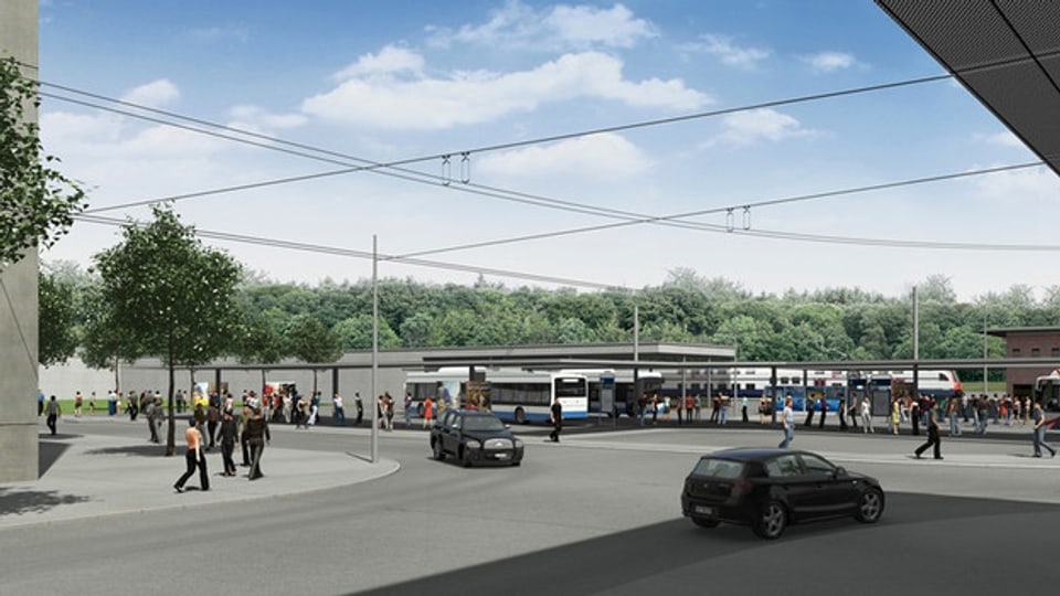 Die geplante Drehscheibe für den öffentlichen Verkehr am Bahnhof Ebikon (Visualisierung).