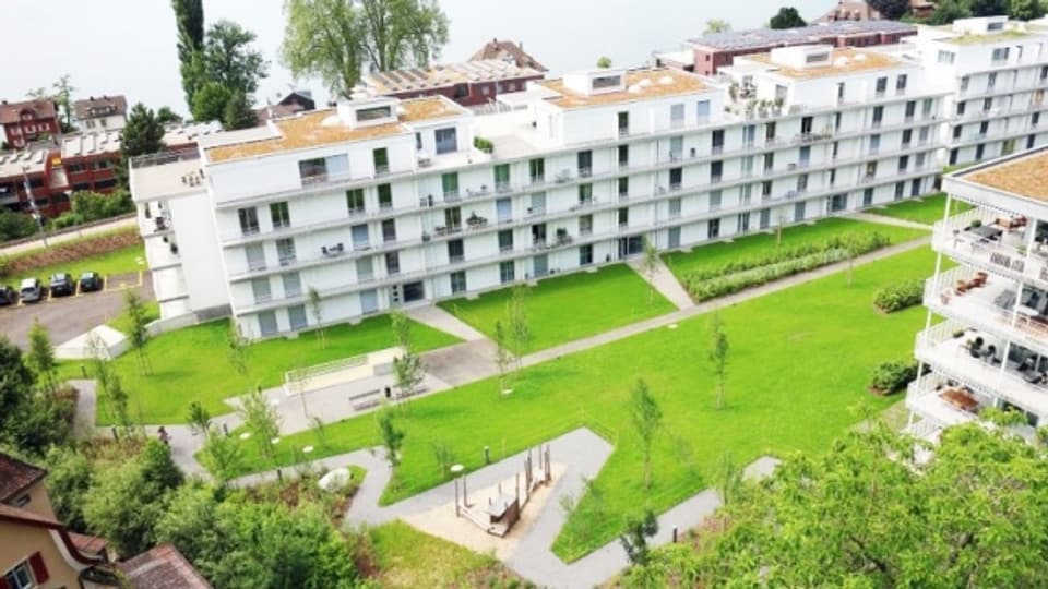Die Überbauung Roost in der Stadt Zug. Hier bietet die Allgemeine Wohnbaugenossenschaft Zug preisgünstige Wohnungen an.