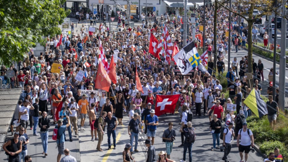 Der Demonstrationszug bewegt sich durch die Innenstadt.