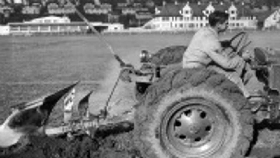Ein Bauer pflügt im Jahre 1941 im Rahmen von Friedrich Traugott Wahlens Anbauplan für die Versorgung des Landes während des Zweiten Weltkriegs in Zürich einen Sportplatz.