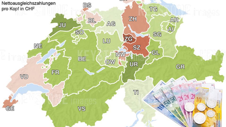 NFA: Geber-Kantone rot - Nehmer-Kantone grün