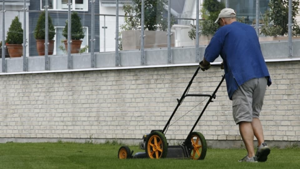 Ein Rentner am Rasenmähen.