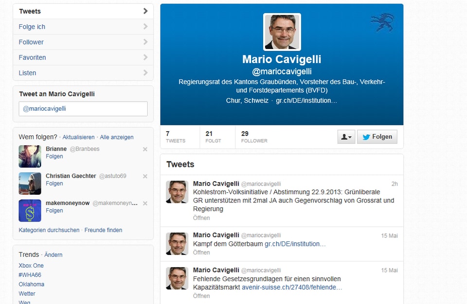 Twitter-Account von Regierungsrat Mario Cavigelli
