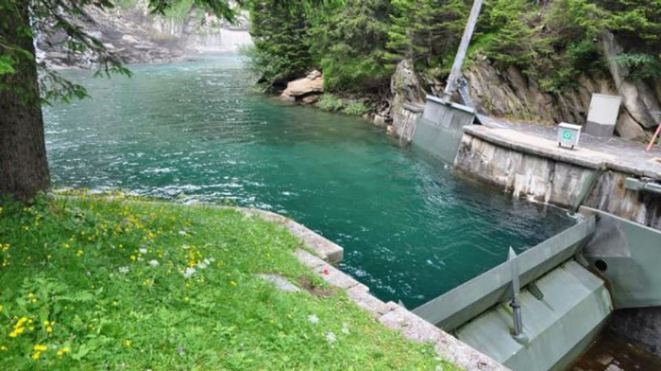 Die Moësa im Misox: Die Wasserfassung hält Wasser zurück, so dass unterhalb des Kraftwerks kaum Wasser zurück bleibt