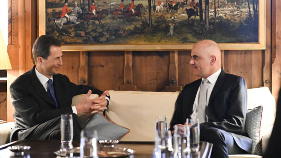 Erbprinz Alois von Liechtenstein mit Bundespräsident Alain Berset, anlässlich den Feierlichkeiten zum 100-jährigen Bestehen der Zollunion