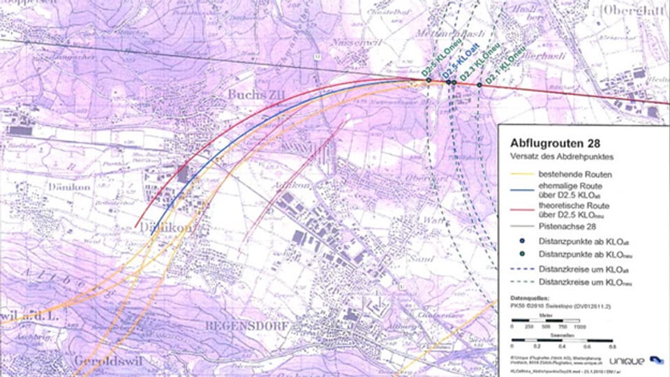 Der Abdrehpunkt kann einen grossen Unterschied machen: Karte der Flugrouten über Dällikon