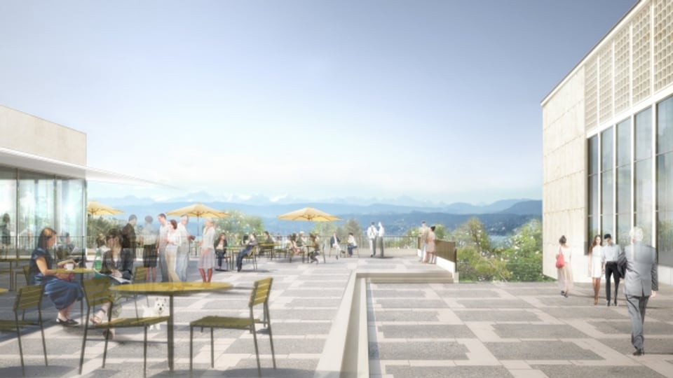 Von der neuen Restaurant-Terrasse geht der Blick über Berge und See.