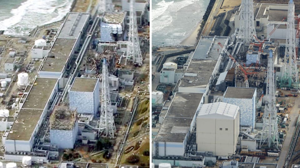 Das Atomkraftwerk in Fukushima vor (linkes Bild) und zwei Jahre später.