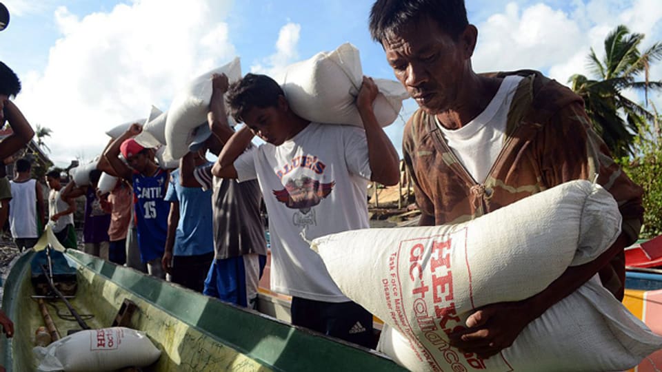 Philippinische Taifun-Opfer nehmen Reissäcke von einem Hilfswerk in Empfang (Insel Panay November 2013).