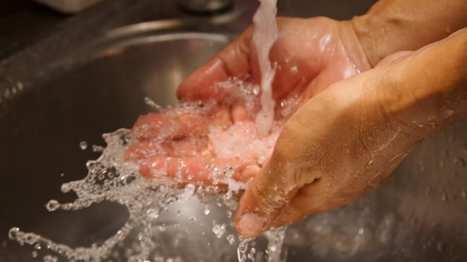 Die Hände mit kaltem Wasser waschen und an Edelstahl reiben.