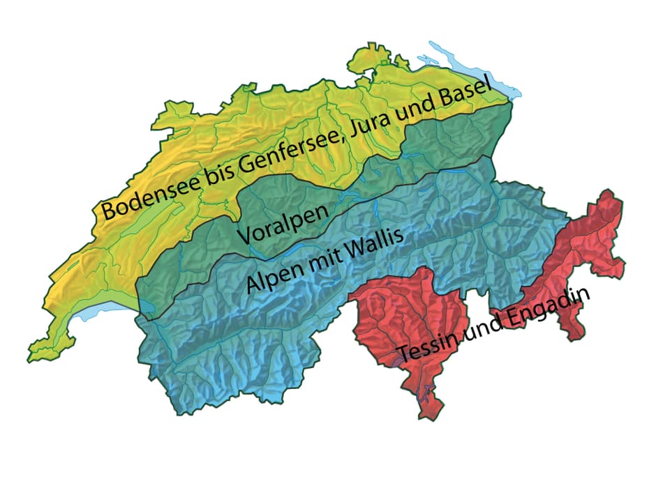 Flachland, Voralpen, Alpne und Süden
