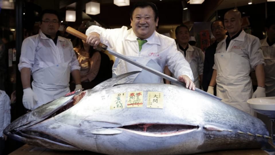200 Kilo schwer und vom aussterben bedroht: Dieser Thunfisch wurde im Janaur 2016 in Tokio für umgerechnet über 120'000 Franken versteigert.