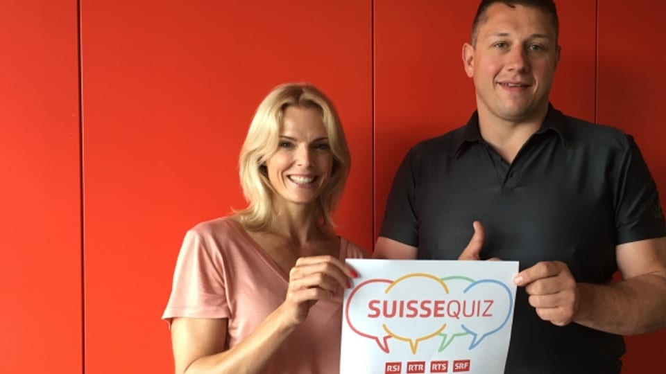 Ex Miss Schweiz Stéphanie Berger und Ex Schwingerkönig Jörg Abderhalden starten das neue Quiz.