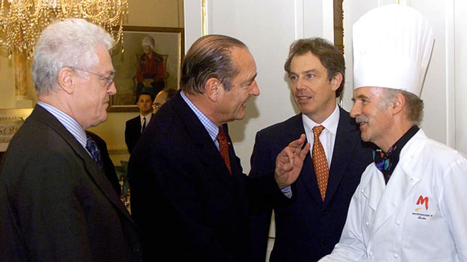 Hohe Gäste im Jahr 1999: Anton Mosimann mit Lionel Jospin, Jacques Chirac und Tony Blair in London.