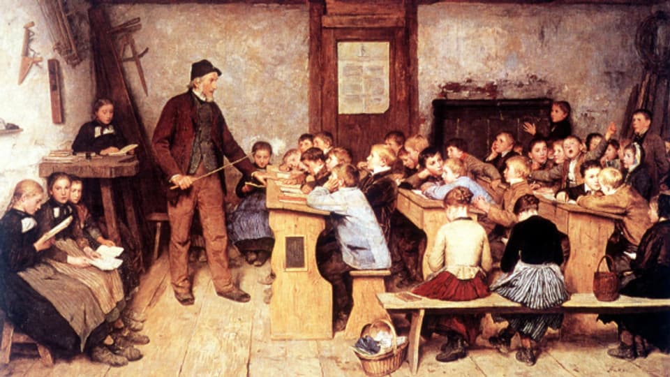 Dorfschule. Gemaelde von Albert Anker (1831-1910). Durch die allgemeine Schulpflicht lernten alle Kinder Hochdeutsch.