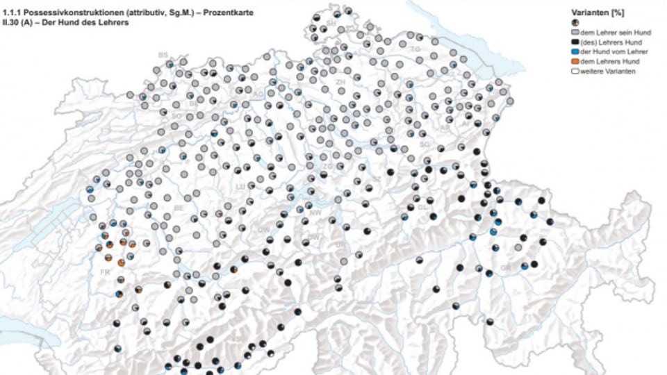 Aus dem Syntaktischen Atlas der deutschen Schweiz: Karte «Der Hund des Lehrers»