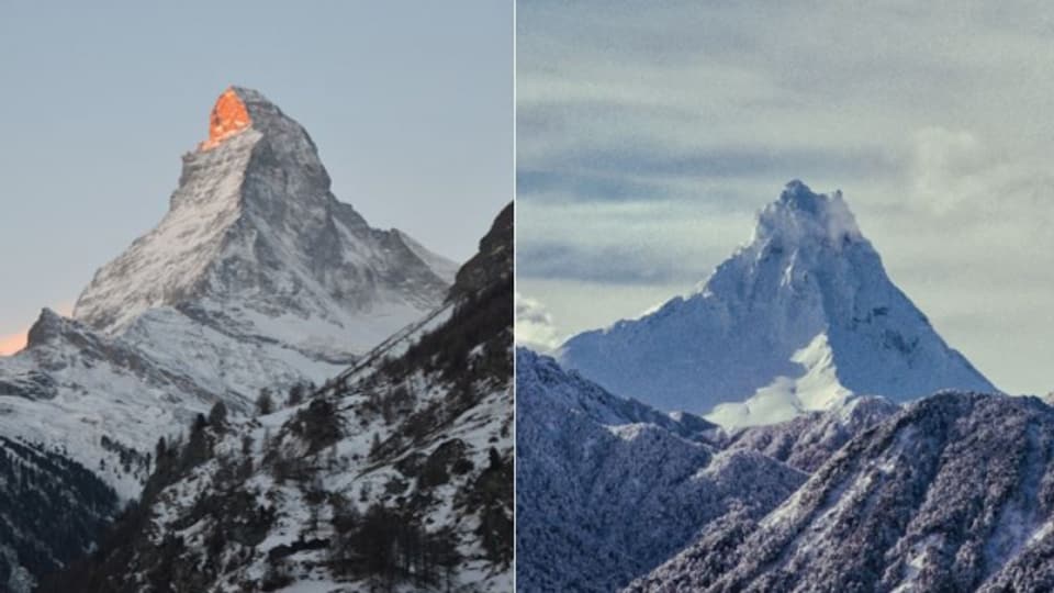 Auch das Matterhorn hat Doppelgänger: Links das Original, «s Horu» in Zermatt. Rechts der Puntiagudo in den Anden, auch Chilenisches Matterhorn genannt